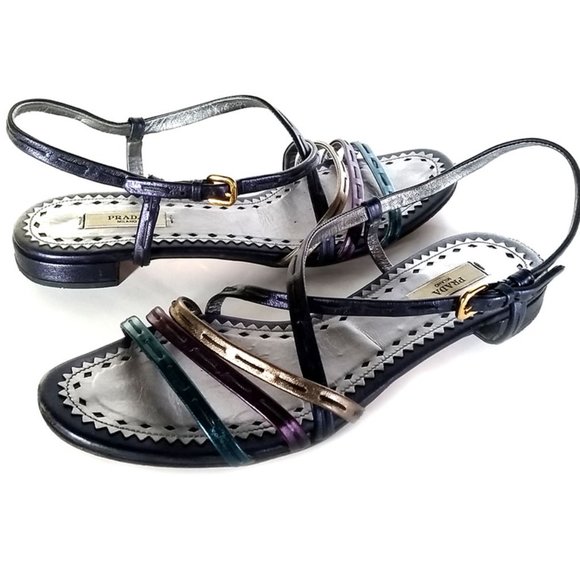PRADA Sandals 38.5 Metallic Leather SZ 8 - Picture 1 of 8